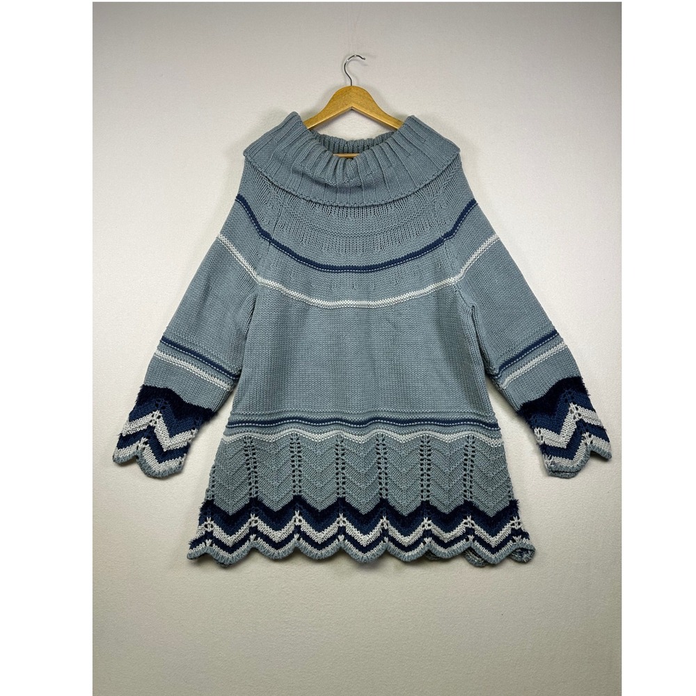Boho Cottagecore Denim 24/7 1X Blue Chevron Scalloped Cowl Neck Tunic‎ Sweater
